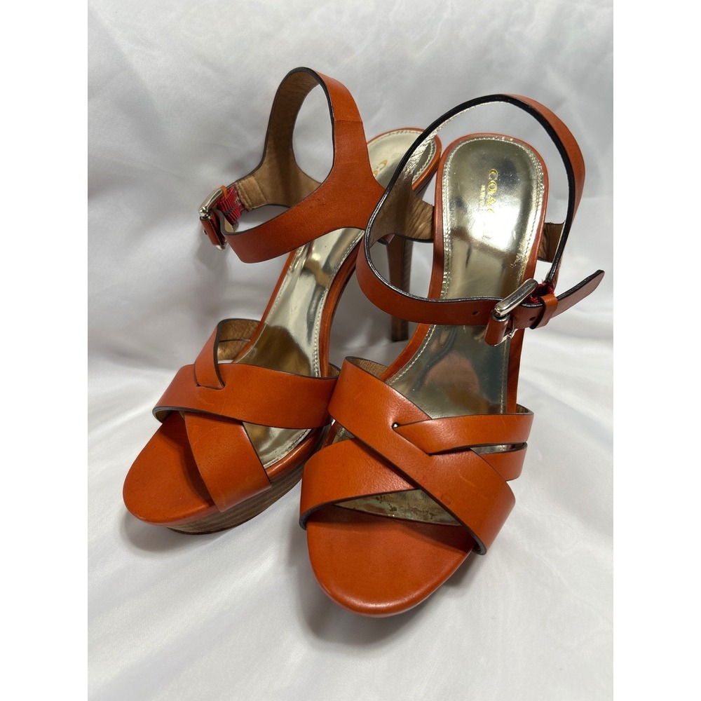Coach Orange Leather Platform Heels Ankle Strap High‎ Heel Shoes Size 7.5